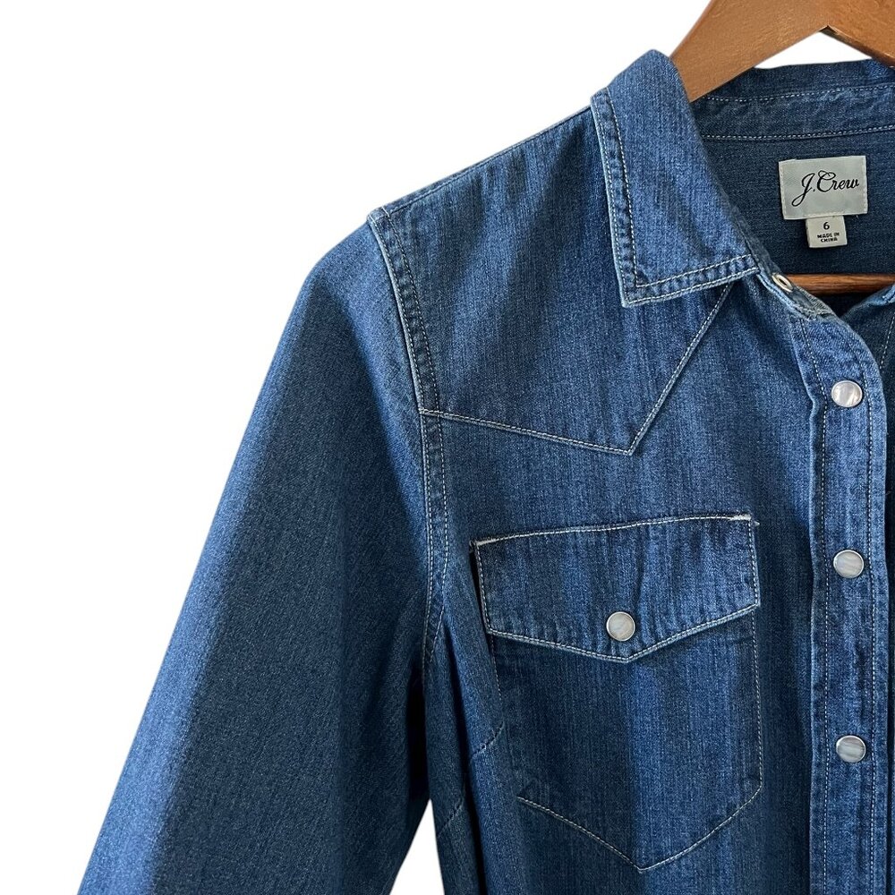 J Crew Denim Pearl Snap Western Style Shirtdress With Tie Belt Size 6 - Picture 5 of 14